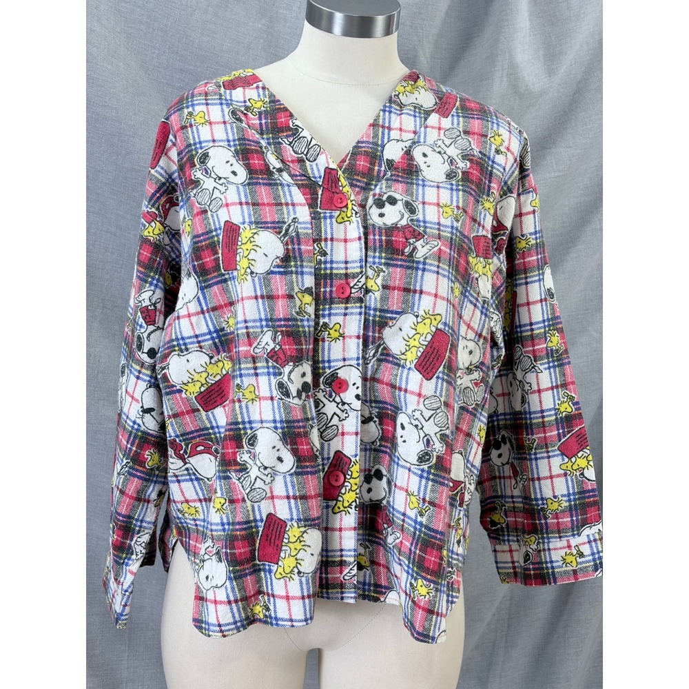 Vintage Snoopy Peanuts Woodstock Plaid‎ Cotton Flannel Pajama Top Womens L 90s